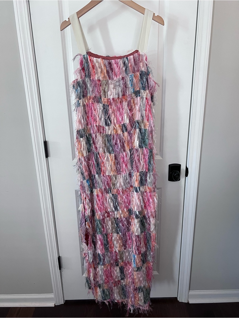 Fringe Column Maxi Dress Sleeveless Multi Color Check Size Medium EUC